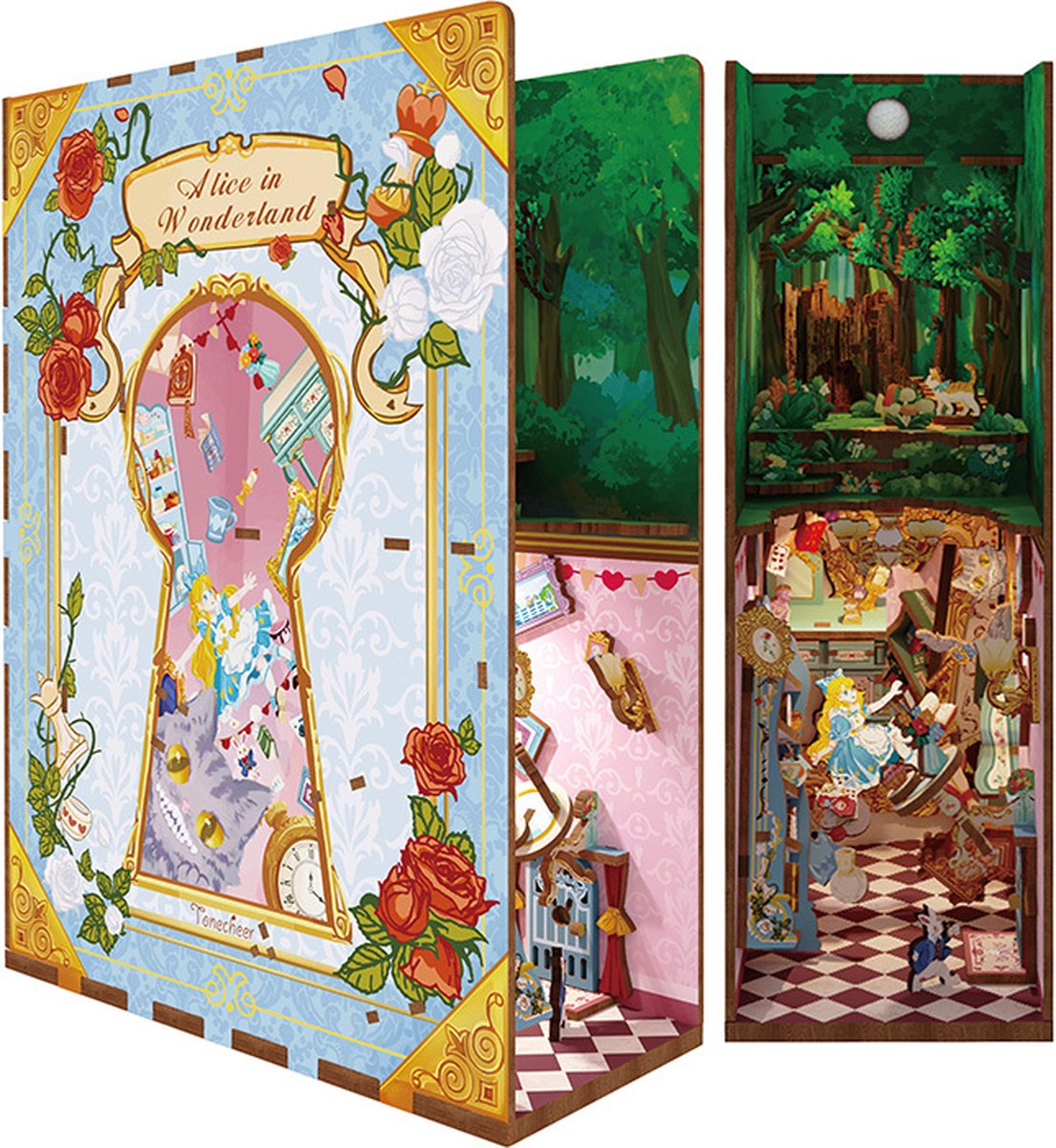 Tonecheer Alice in Wonderland Book Nook Bouwpakket - Modelbouw - 18,x 8 x 24,5 cm - DIY Pakket - Houten 3D Puzzel - Boekensteun - LED-licht - Bewegingssensor Licht - Boekenhouder
