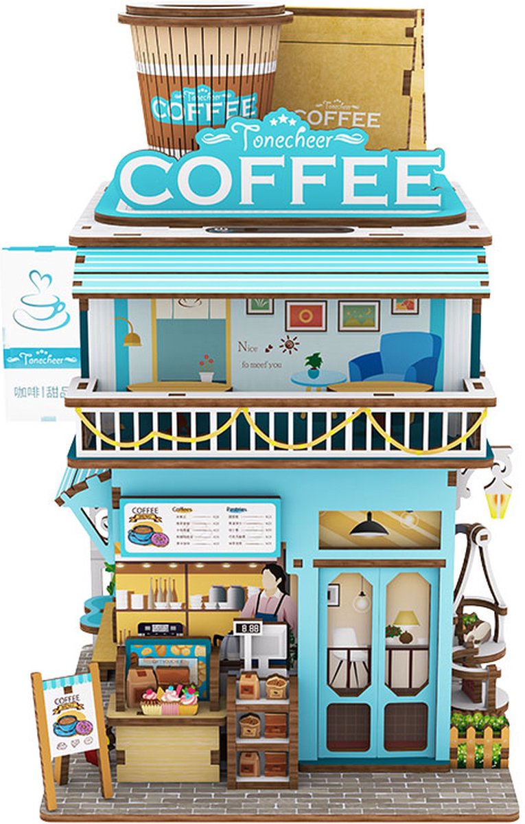 Tonecheer Cape Coffee Shop - Bouwpakket - Modelbouw - 15 x 14 x 23 cm - Modelbouwpakketten Volwassenen - Houten 3D Puzzel - DIY Pakket - Bewegingssensor