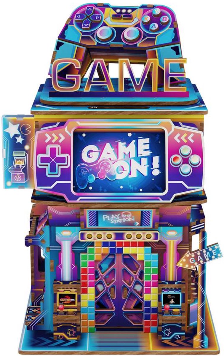 Tonecheer Cyber Game City Bouwpakket - Modelbouw - 15 x 14 x 23 cm - DIY Pakket - Houten 3D Puzzel - Modelbouwpakketten Volwassenen - Bureau Decoratie - Bewegingssensor - Bureauprullenbak - Penhouder