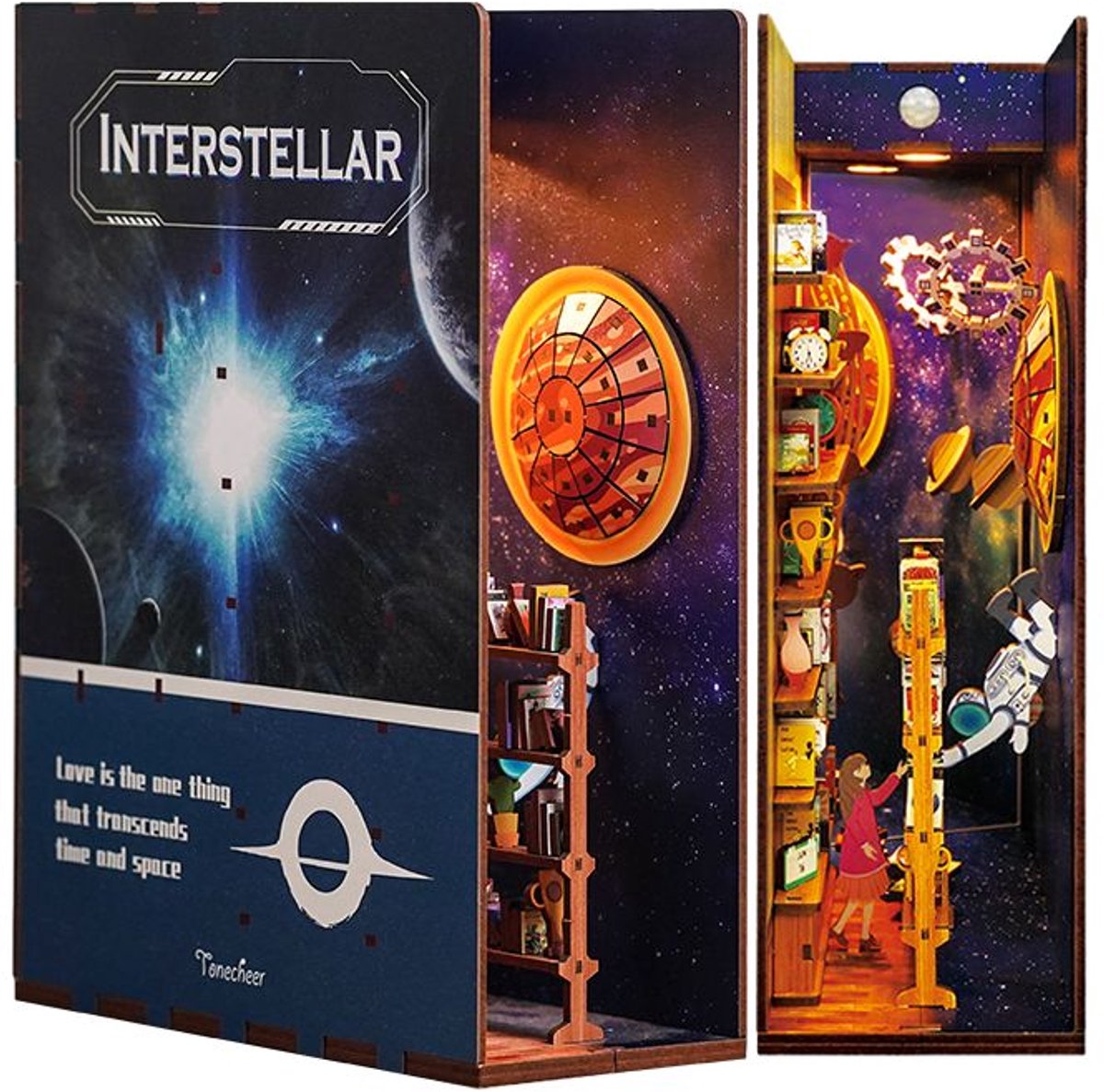 Tonecheer Interstellar Book Nook Bouwpakket - Modelbouw - 18,2 x 8 x 24,5 cm - Houten 3D Puzzel - Boekensteun - LED-licht - Bewegingssensor Licht - Boekenhouder