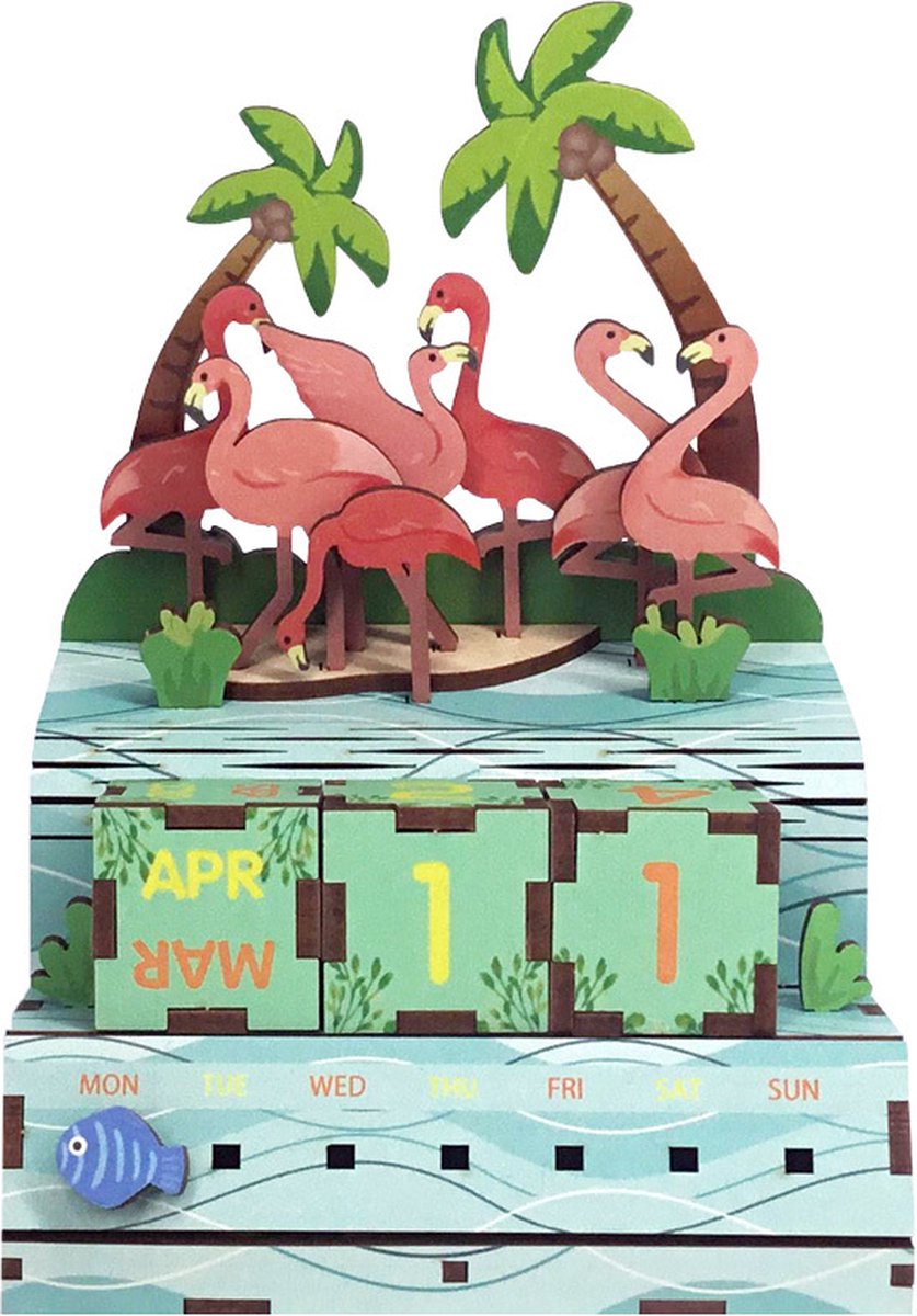 Tonecheer Pink Flamingos Puzzel Kalender - Bouwpakket - Modelbouw - 10,4 x 8,9 x 13,5 cm - Houten 3D Puzzel - DIY Muziekdoos - Bouwset - Modelbouwpakketten - Knutselen voor Volwassenen - Knutselpakket
