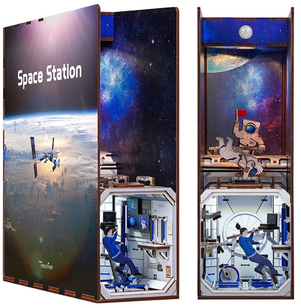 Tonecheer Space Station Book Nook Bouwpakket - Modelbouw - 18,2 x 8 x 24,5 cm - Houten 3D Puzzel - Boekensteun - LED-licht - Bewegingssensor Licht - Boekenhouder