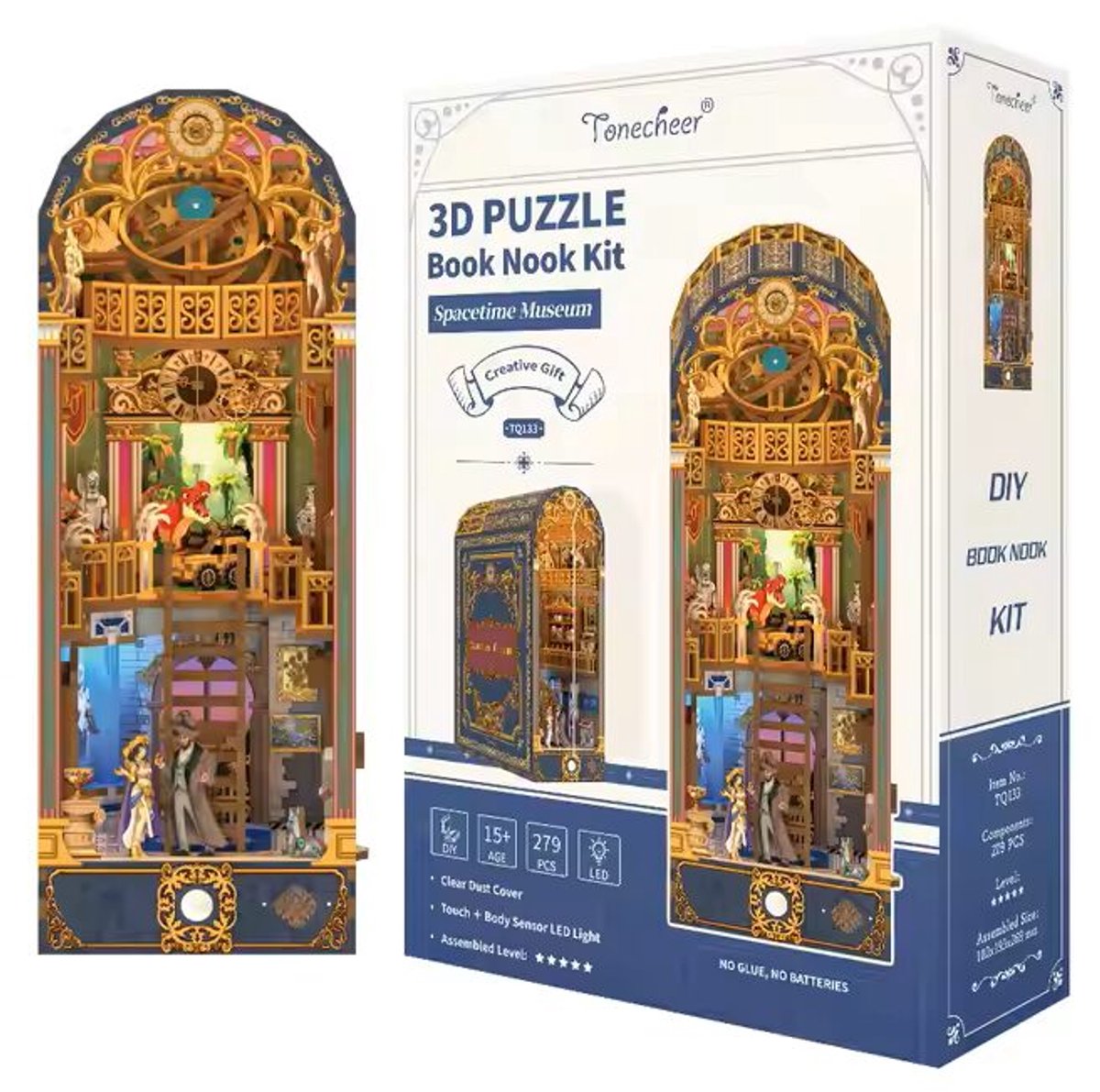 Tonecheer Spacetime Museum Book Nook Bouwpakket - Modelbouw - 27 x 20 x 10,2 cm - DIY Pakket - Houten 3D Puzzel - Boekensteun - LED-licht - Bewegingssensor Licht - Boekenhouder