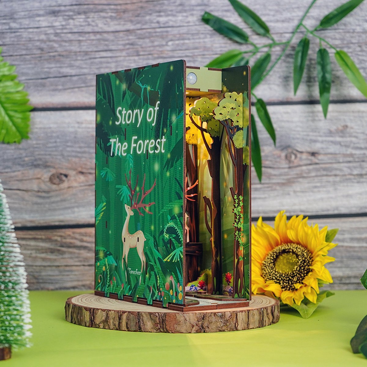 Tonecheer Story of The Forest Book Nook Bouwpakket - Modelbouw - 18,2 x 8 x 24,5 cm - Houten 3D Puzzel - Boekensteun - LED-licht - Bewegingssensor Licht - Boekenhouder