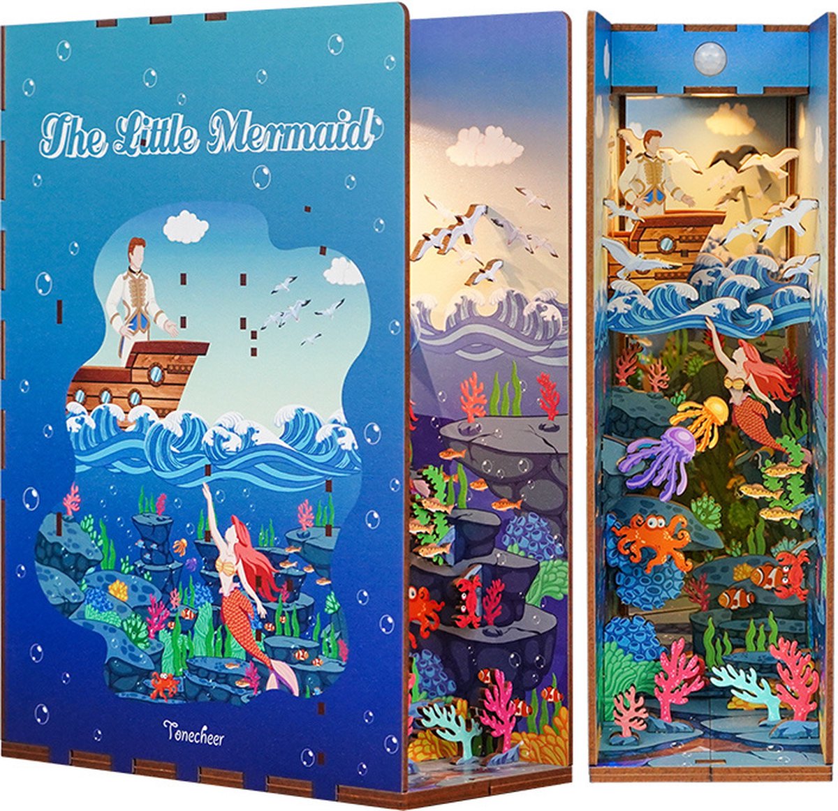 Tonecheer The Little Mermaid Book Nook Bouwpakket - Modelbouw - 18,2 x 8 x 24,5 cm - Houten 3D Puzzel - Boekensteun - LED-licht - Bewegingssensor Licht - Boekenhouder