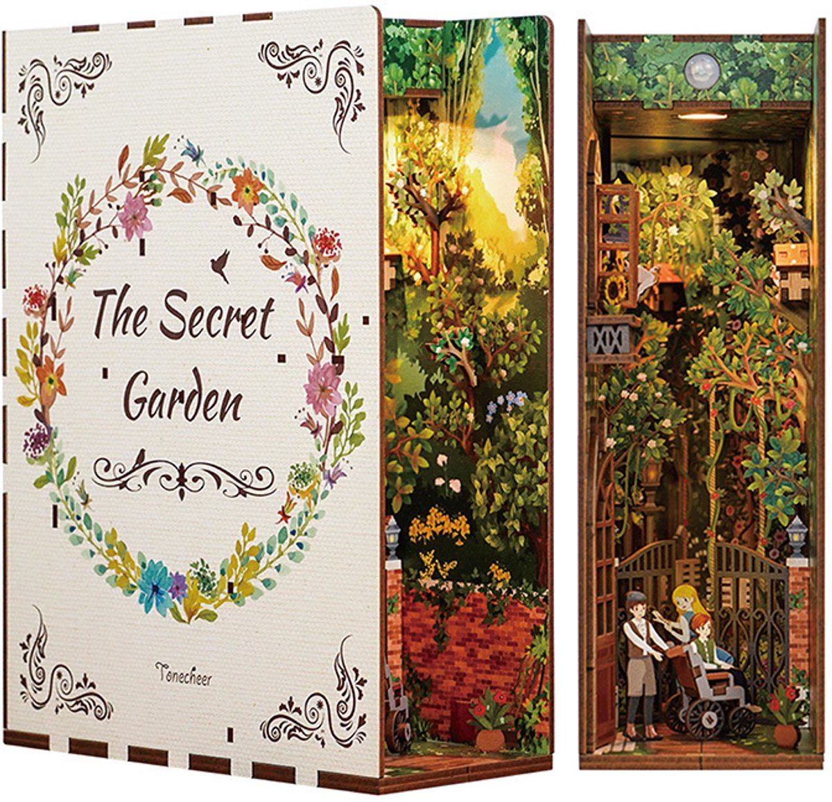 Tonecheer The Secret Garden Book Nook Bouwpakket - Modelbouw - 18,2 x 8 x 24,5 cm - Houten 3D Puzzel - Boekensteun - LED-licht - Bewegingssensor Licht - Boekenhouder