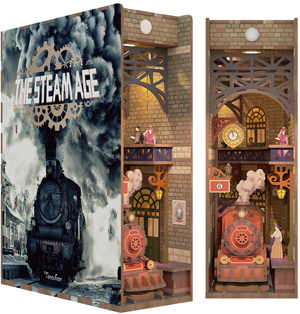 Tonecheer The Steam Age Book Nook Bouwpakket - Modelbouw - 18 x 8 x 24,5 cm - DIY Pakket - Houten 3D Puzzel - Boekensteun - LED-licht - Bewegingssensor Licht - Boekenhouder