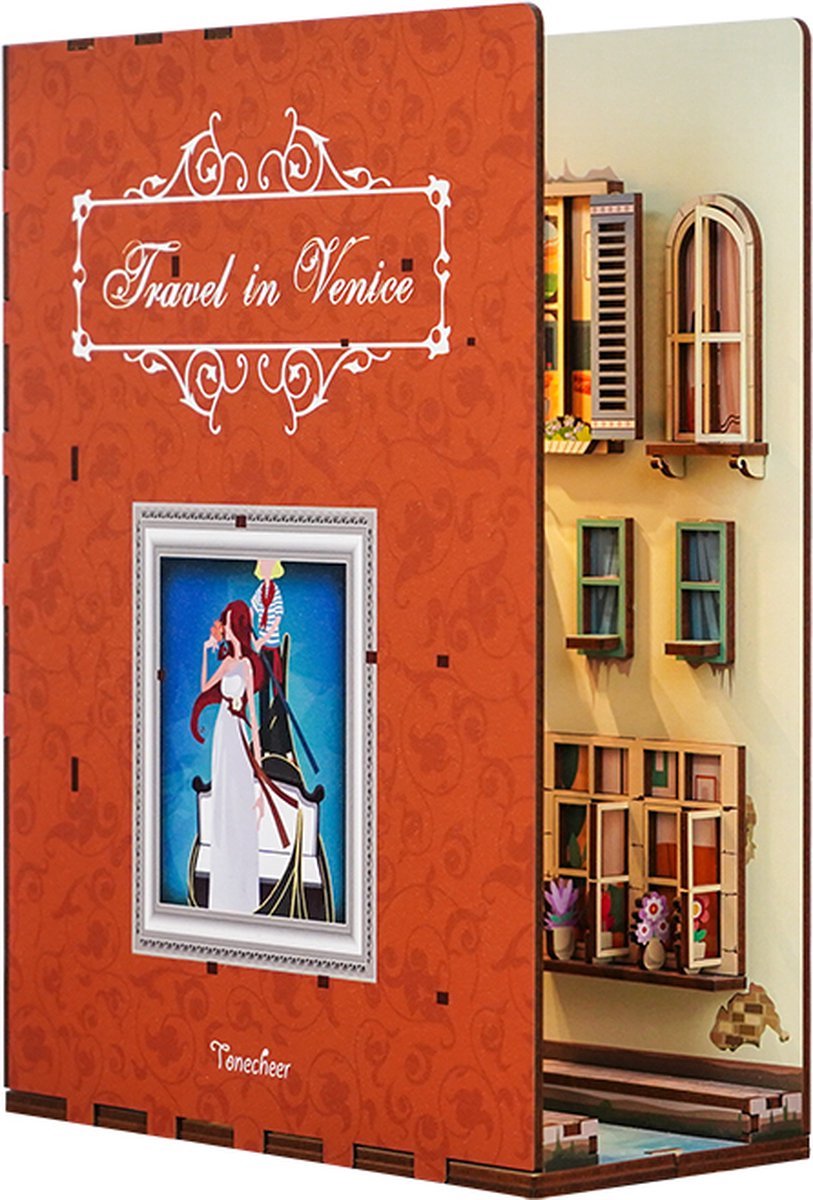 Tonecheer Travel in Venice Book Nook Bouwpakket - Modelbouw - 18,2 x 8 x 24,5 cm - Houten 3D Puzzel - Boekensteun - LED-licht - Bewegingssensor Licht - Boekenhouder