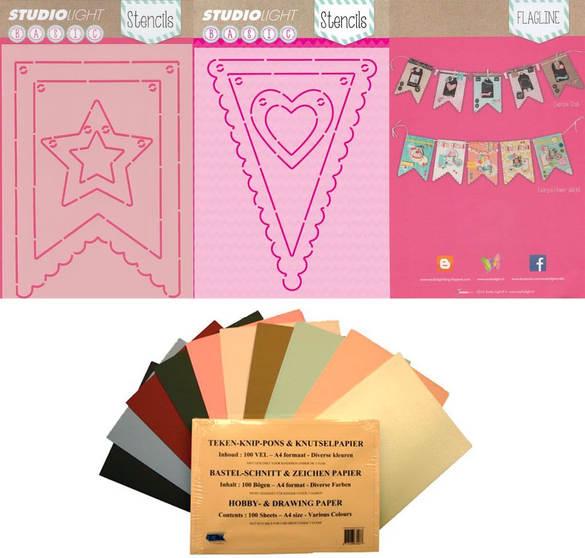 2 Verschillende Flagline-Basic Stencil + 100 Vel Knutselpapier - Maak zelf je eigen unieke Slingers