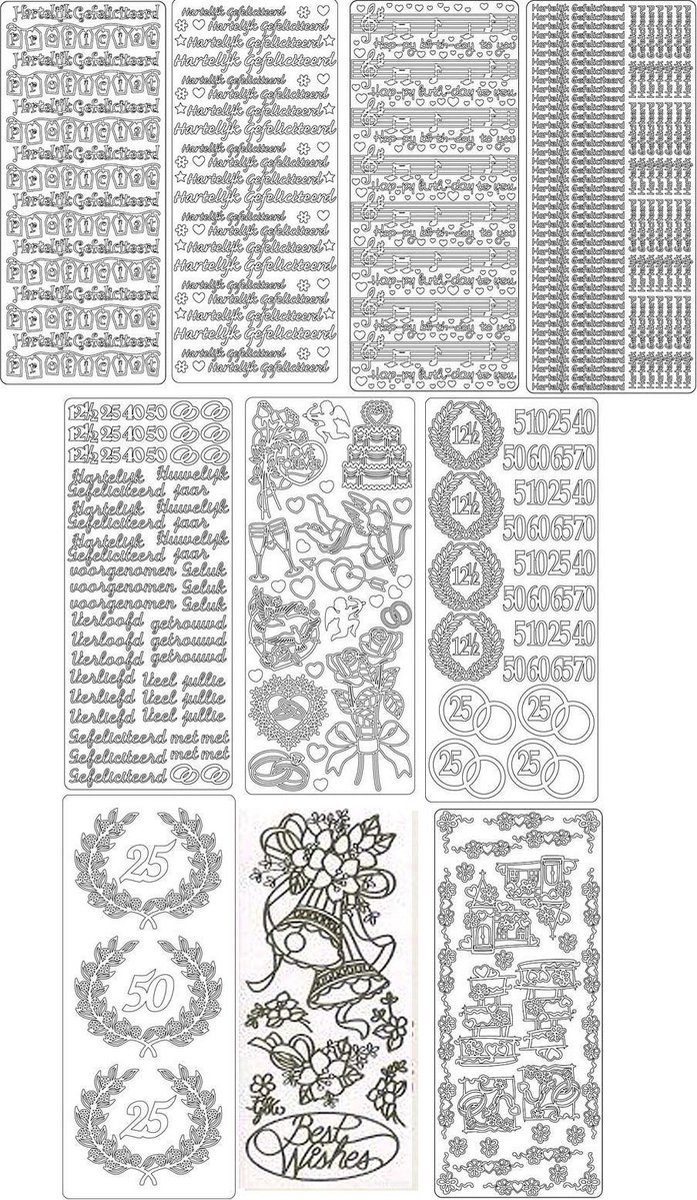 Peel-Off Stickervellen Set - 10 Stuks - Hartelijk Gefeliciteerd, Huwelijk, Enz. - Zilverkleurig