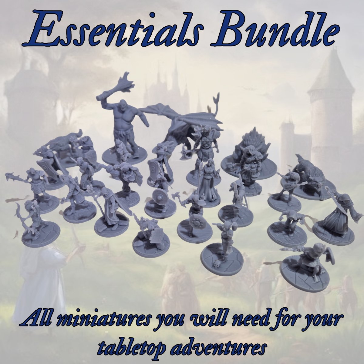 Essentials Bundle of 27 Miniatures. Essential kit for any player or dungeon master. All classes, monsters, orcs, goblins, knights, bandits