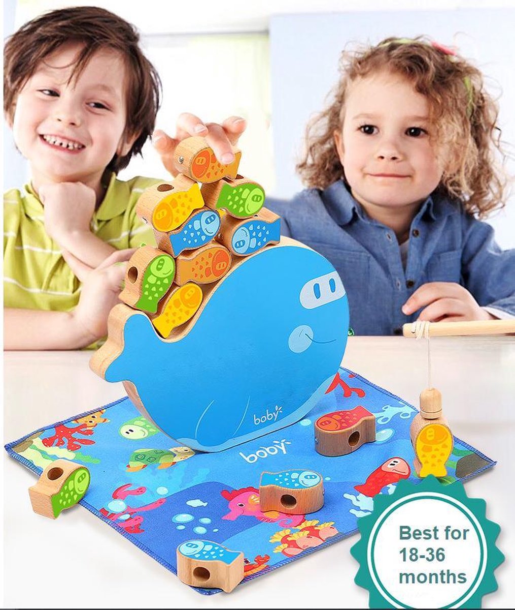 Boby 3-in-1 Luxe vissen Houten Magnetisch Visspel & Houten balanceren stapelspel & Rijgkralen - Leer tellen-rekenkundig - Fishing Game - Lacing Beads - Fijn Motorisch Vaardigheidsspeelgoed, Montessori Letters Cognitie Preschool Cadeau