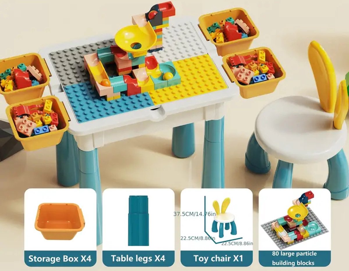 Multifunctionele Bouwsteentafel – Inclusief 80 Bouwstenen – 4 Opbergbakken – Speelset met Stoel – Geschikt voor Duplo – Interactief Speelmeubel voor Kinderen – Perfect Kerstcadeau – Blauw