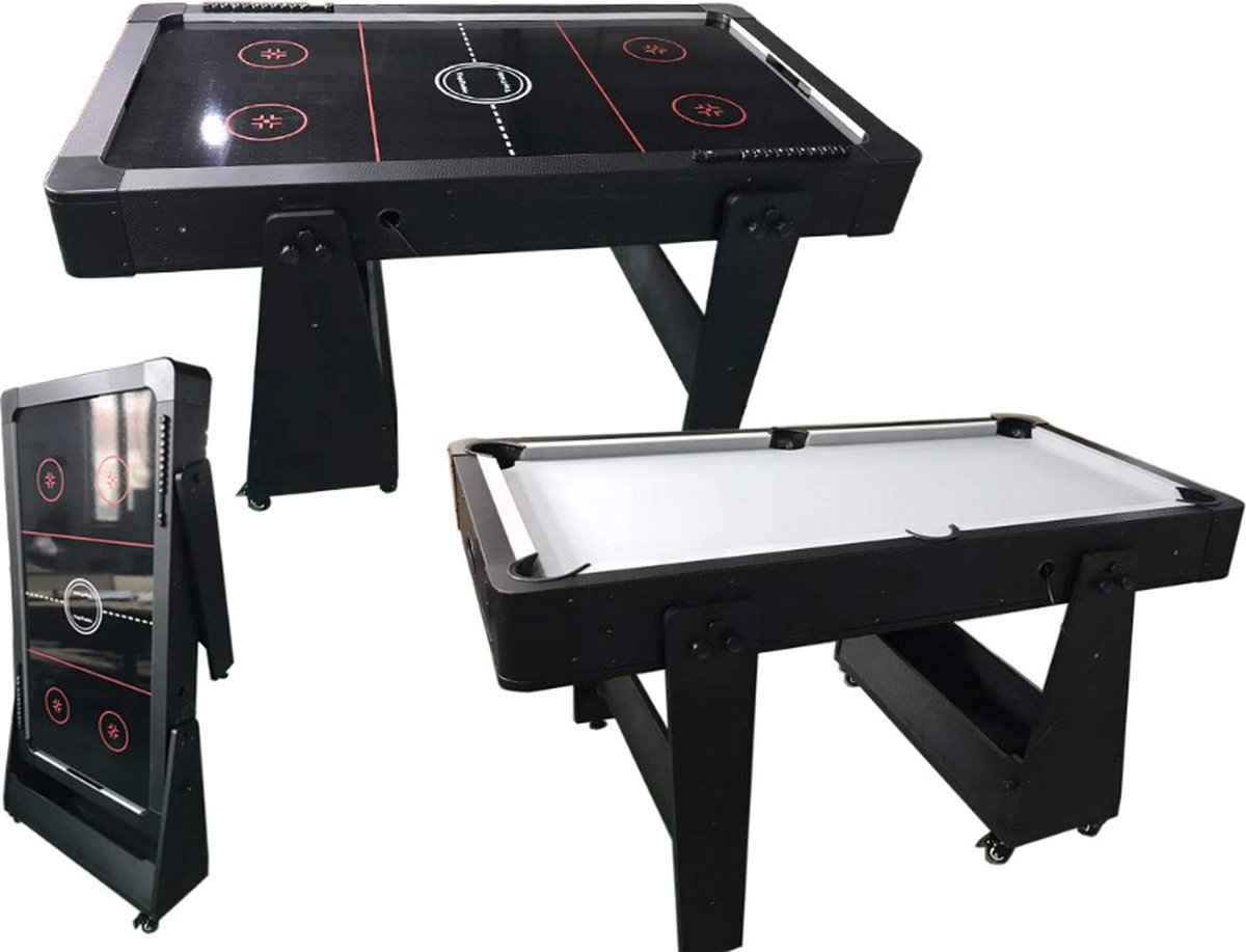 TopTable Twist Grey-Black, mobile 5,5ft - Airhockey & Pooltafel Combi 2 in 1 Gemakkelijk Opklapbaar & Verrijdbaar