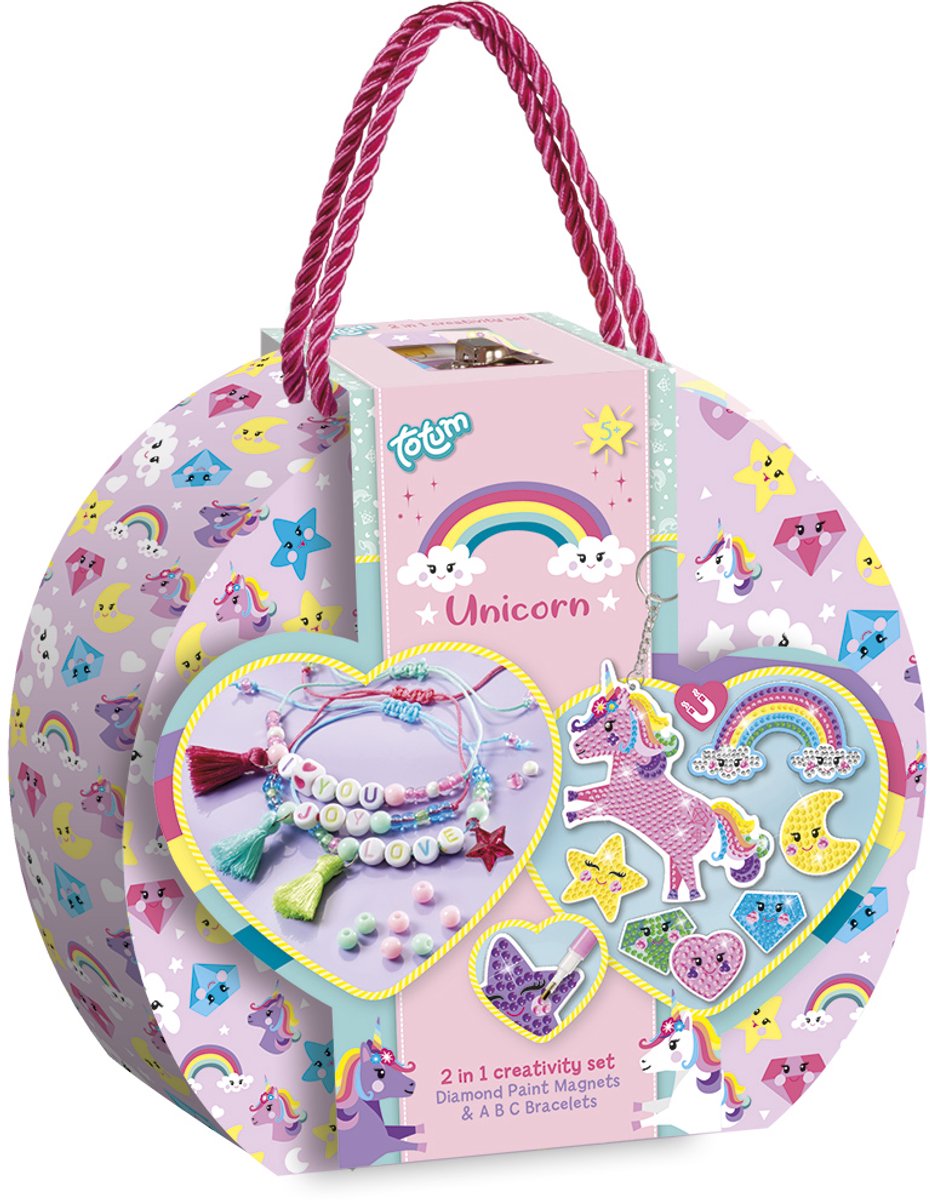 Totum unicorn knutselkoffertje 2 in 1 letter armbandjes maken en diamond paint magneten versieren - 250 delige knutselset speelgoed meisjes, knutselen