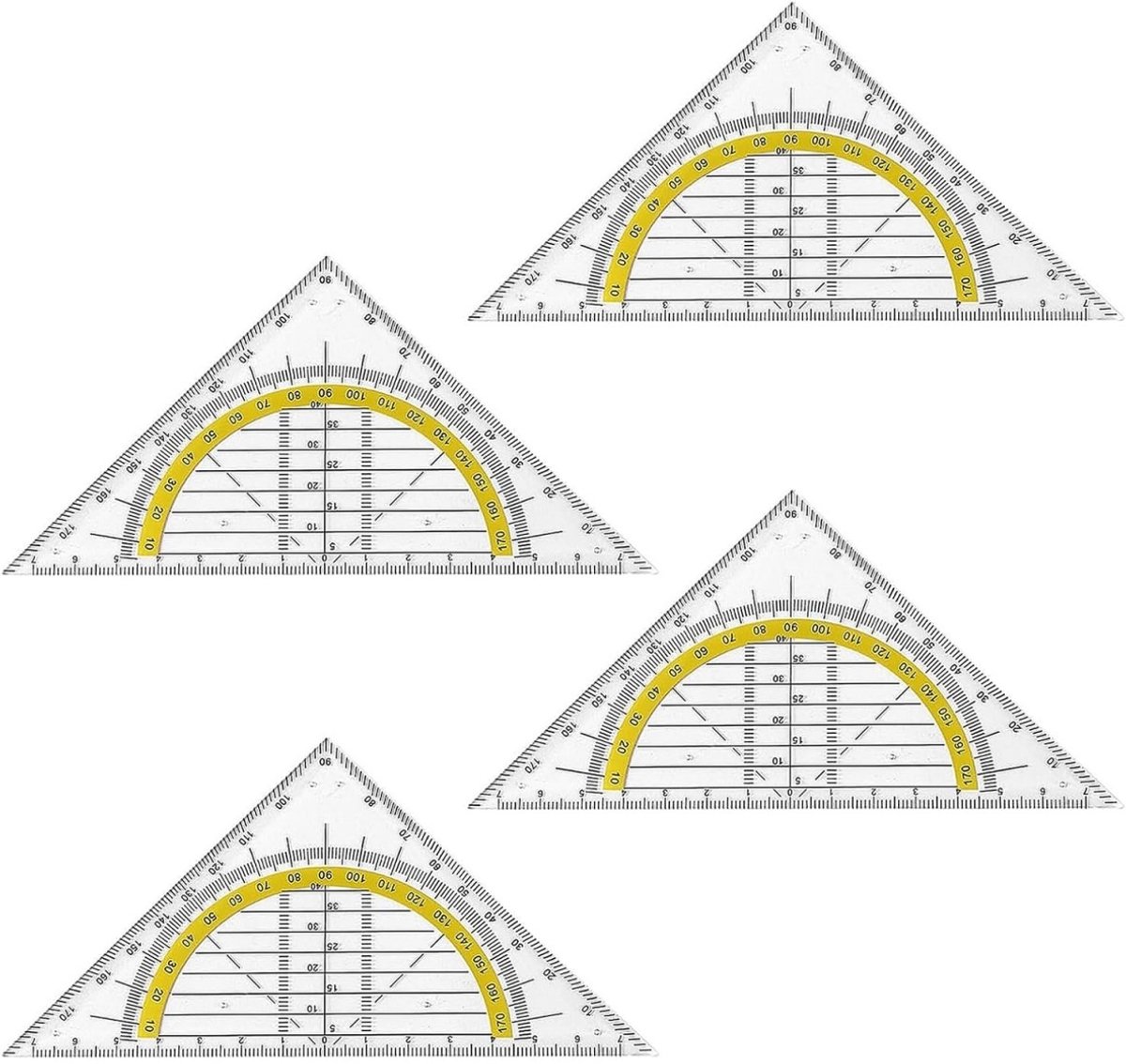 TOVBMUP Set van 4 stuks - Set - Basisschool tekenhoek - Tekenhoek met handvat - Kleine tekenhoek - Flexibel - Onbreekbaar - Transparant - Geschikt voor school en kantoor - 15 cm