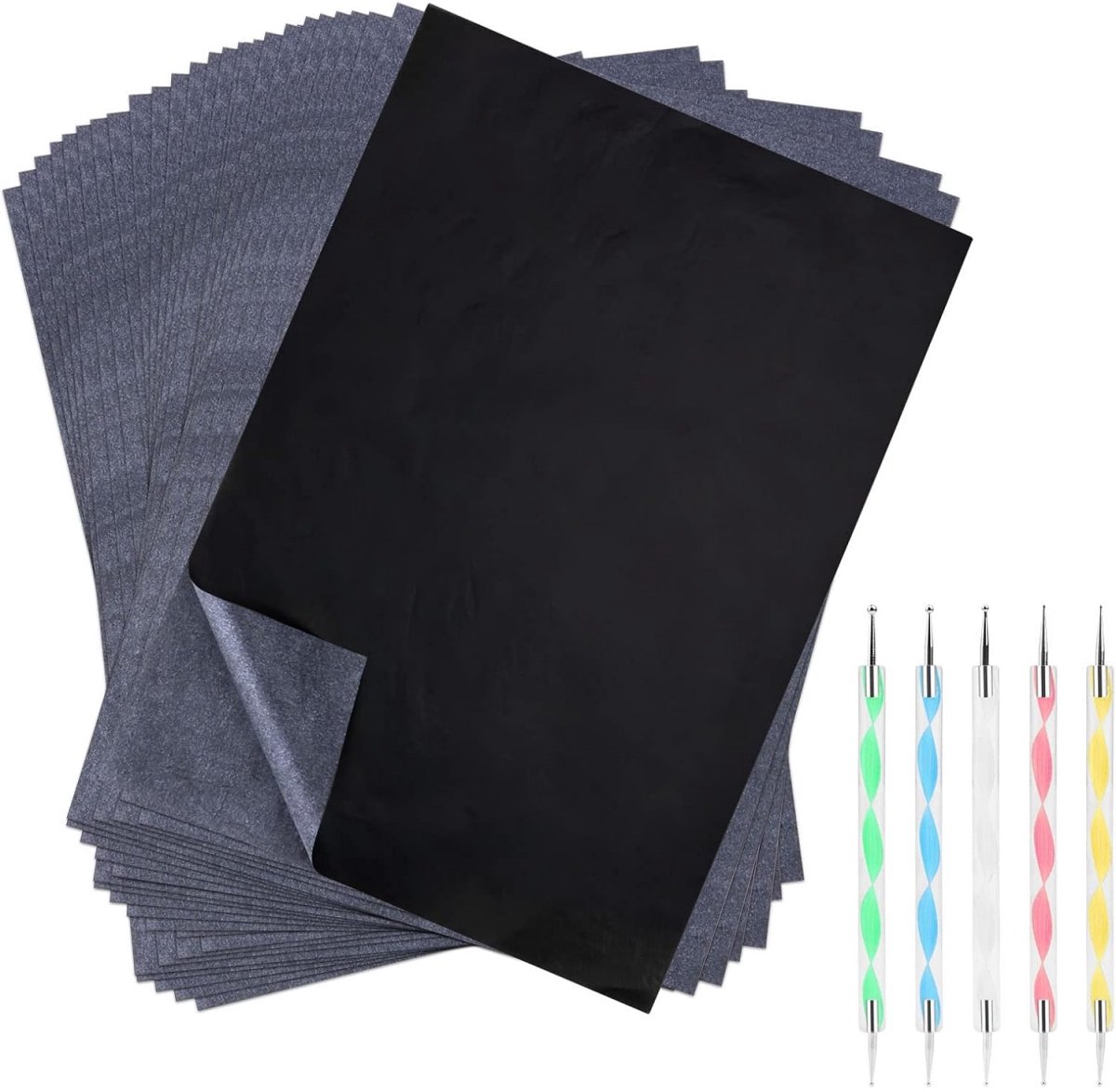 Tovbmup 100 vellen - Carbonpapier - Herbruikbaar - Geschikt voor schilderen, overbrengen op canvas en hout - Wordt geleverd met 5 reliëfpennen - 21*29cm - Zwart