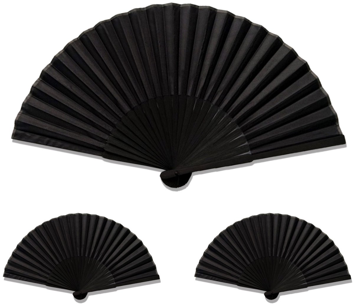 Tovbmup Zwarte zijden handwaaier - Bruiloftswaaier - Decoratieve opvouwbare waaier - Handopvouwbare waaier - Vintage handopvouwbare waaier - Geschikt als huwelijkscadeau voor mannen en vrouwen - Zwart - 3 stuks