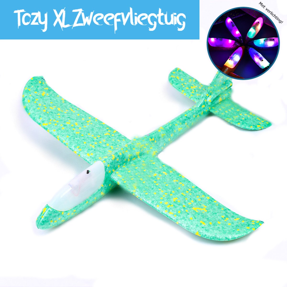Tozy Zweefvliegtuig met verlichting XL Groen - EXTRA GROOT wegwerp vliegtuig foam - Speelgoed vliegtuig - stuntvliegers - vliegtuig kinderen - buitenspeelgoed - Vliegtuig van verhard foam