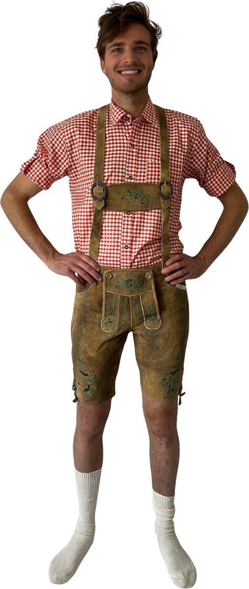 Trachten-Shop Lederhose Cziommer Heren – Oktoberfest Korte Lederbroek – Lichtbruin – Maat M – 100% Echt Leder
