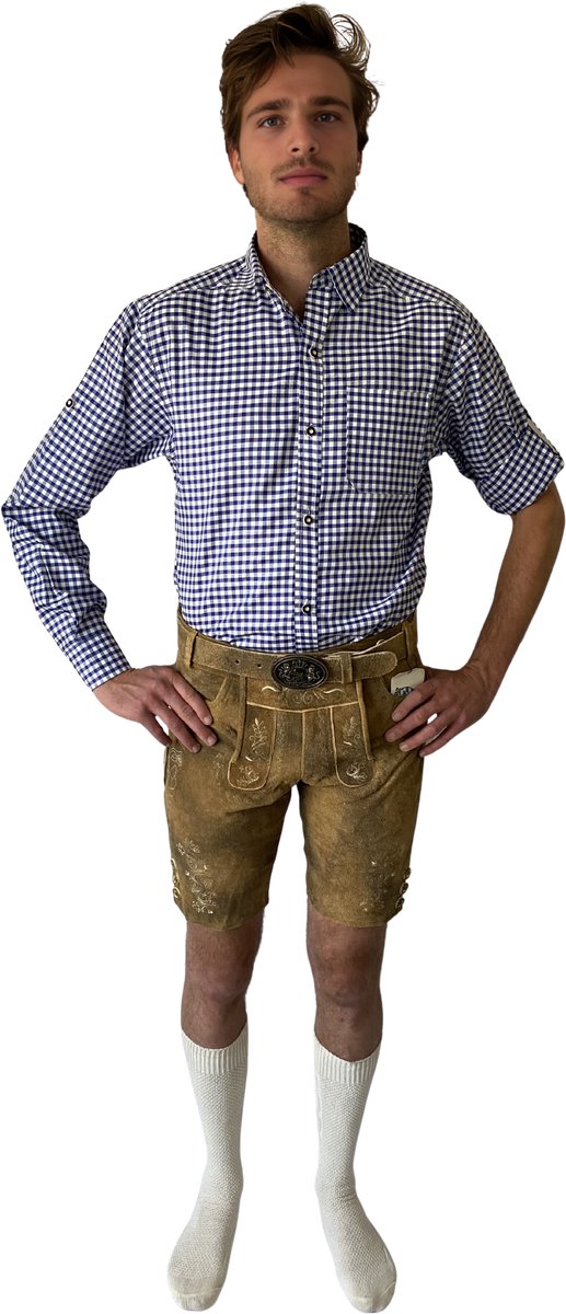 Trachten-Shop Lederhose Draxler Heren – Oktoberfest Korte Lederbroek - Zonder Bretels – Lichtbruin – Maat XXL – 100% Echt Leder