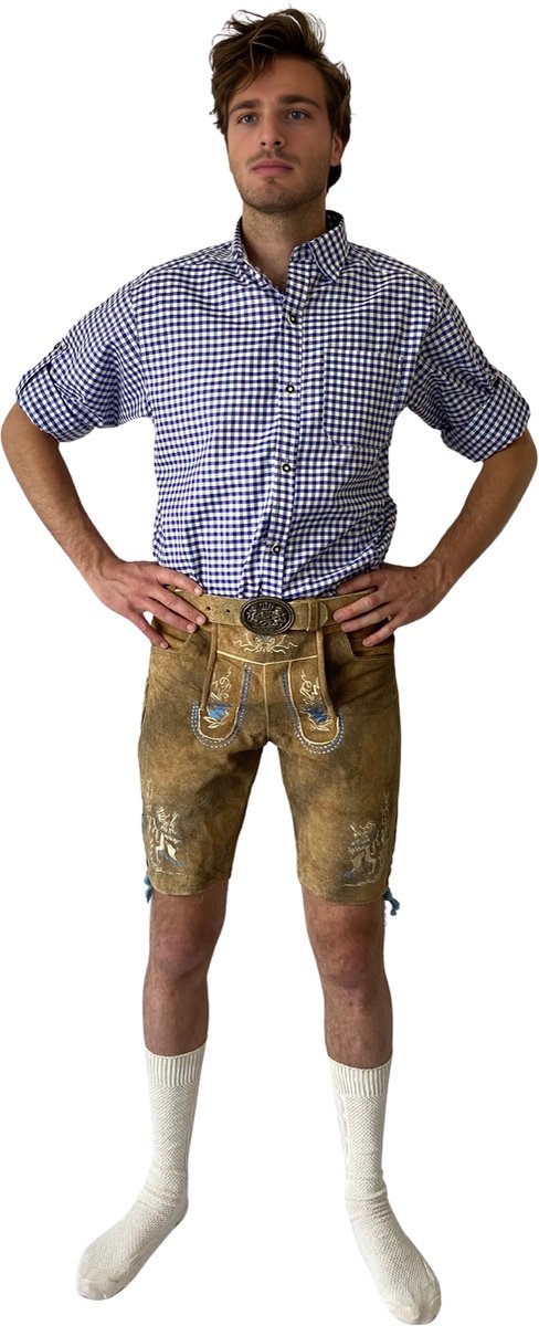 Trachten-Shop Lederhose Fischer Heren – Oktoberfest Korte Lederbroek - Zonder Bretels – Lichtbruin – Maat XXL – 100% Echt Leder
