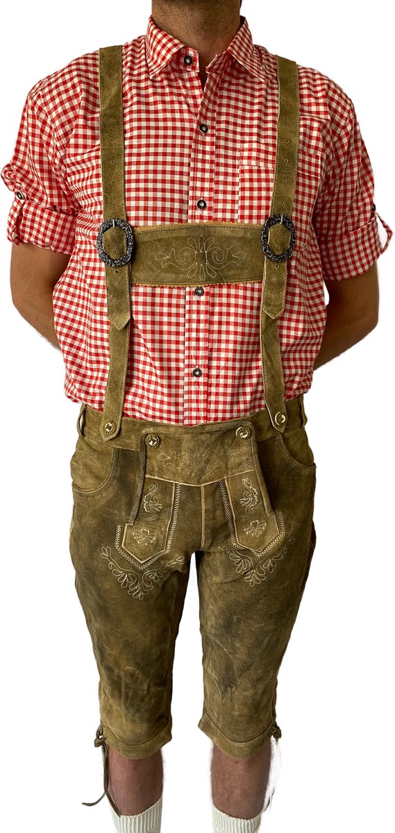 Trachten-Shop Lederhose Sand Heren – Oktoberfest Korte Lederbroek – Lichtgroen – Maat S – 100% Echt Leder