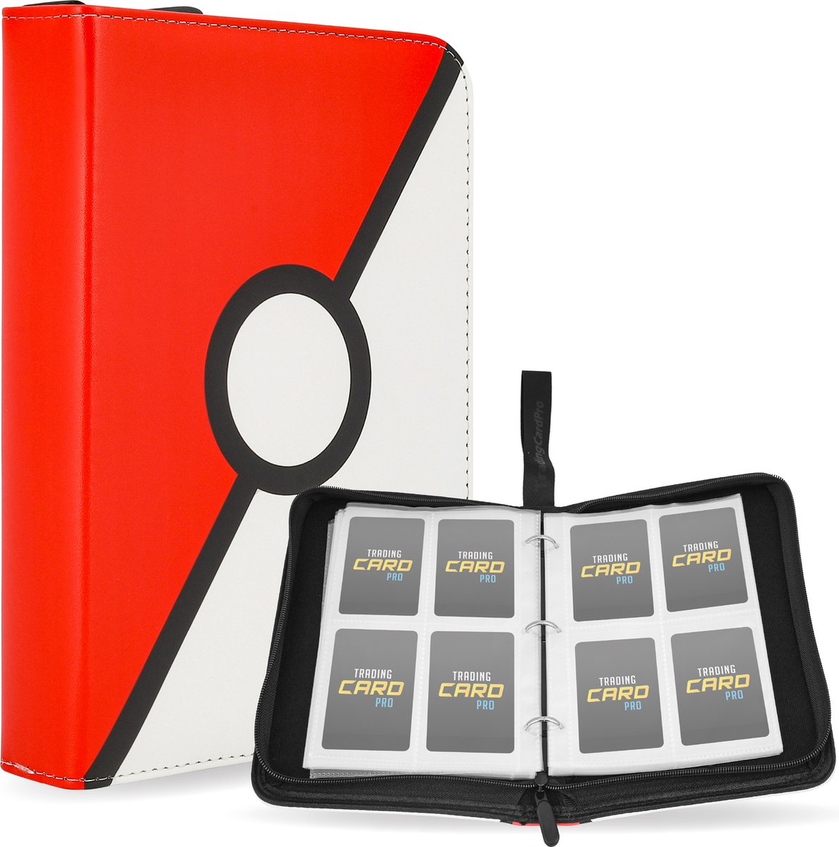 TradingCardPro - Verzamelmap voor 400 Kaarten - Binder Map voor Kaarten - 4 Pocket - Kunstleer - Premium Card Binder met Ritssluiting - 50 Paginas - A5 Formaat - Rood/Wit