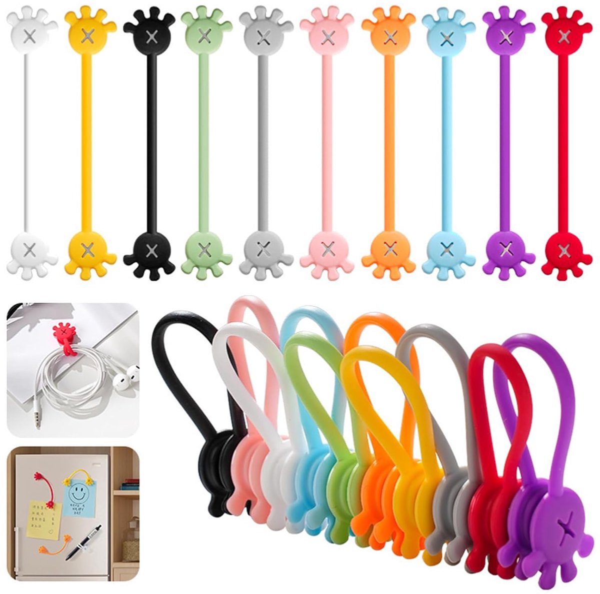 TRANKIELO® - 10 Handheld Magnetische Kabelmanagers - Siliconen Kabelbinders voor Thuis en Kantoor - Herbruikbaar en Kleurrijk