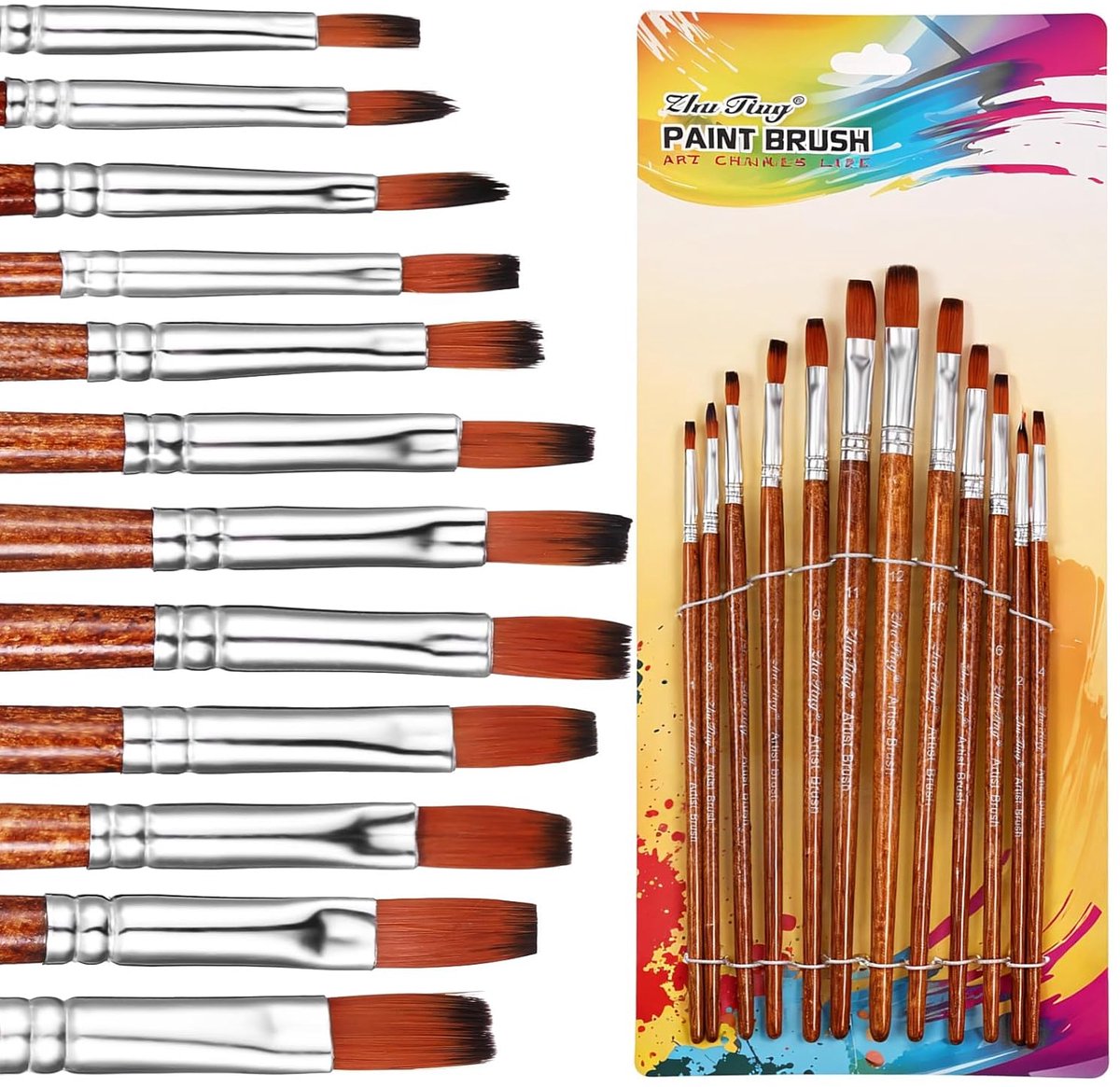 TRANKIELO® - 12-delige platte penselen set - Professionele nylon verfborstels voor acryl, aquarel en olieverf