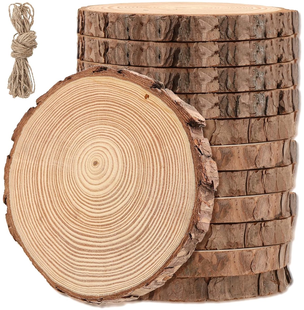 TRANKIELO® - 12 stuks 13-14 cm houten cirkels - Natuurlijk dennenhout met touw - Voor ambachten en decoratie
