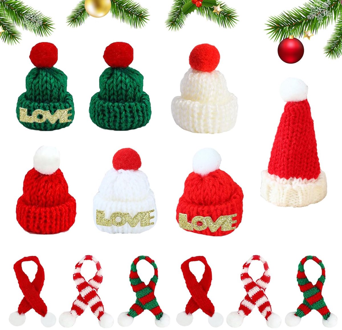 TRANKIELO® - 13 stuks mini-kerstmutsen en sjaals – Vilten knutselen kerstdecoratie – Creatieve versieringen