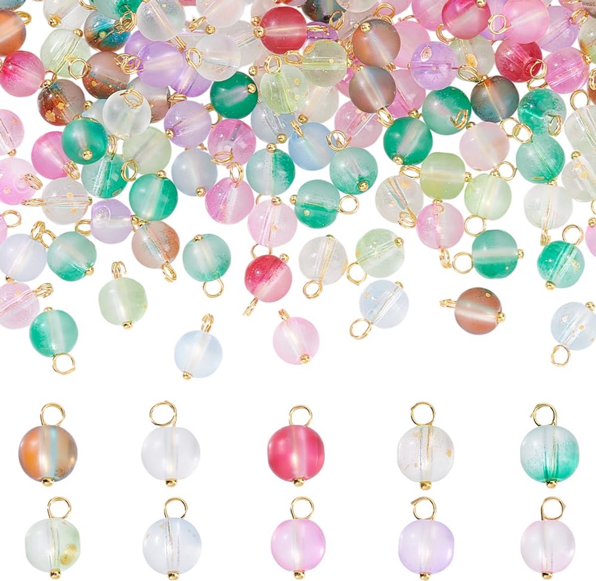 TRANKIELO® - 200 Glazen Hangers 10 Kleuren – Ronde Connectoren voor Sieraden Maken – Geschilderde Bedels met Messing Lussen