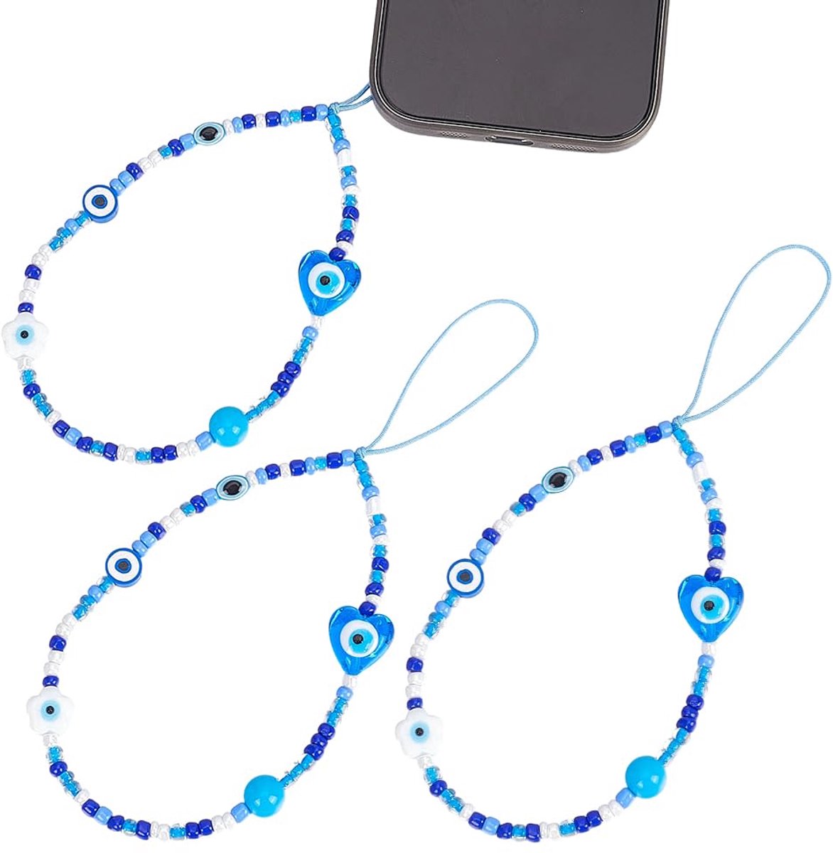 TRANKIELO® - 3Pcs Blauwe Boze Oog Telefoon Charm - Duurzaam Glas - Toebehoren voor Telefoon en Sleutelhanger
