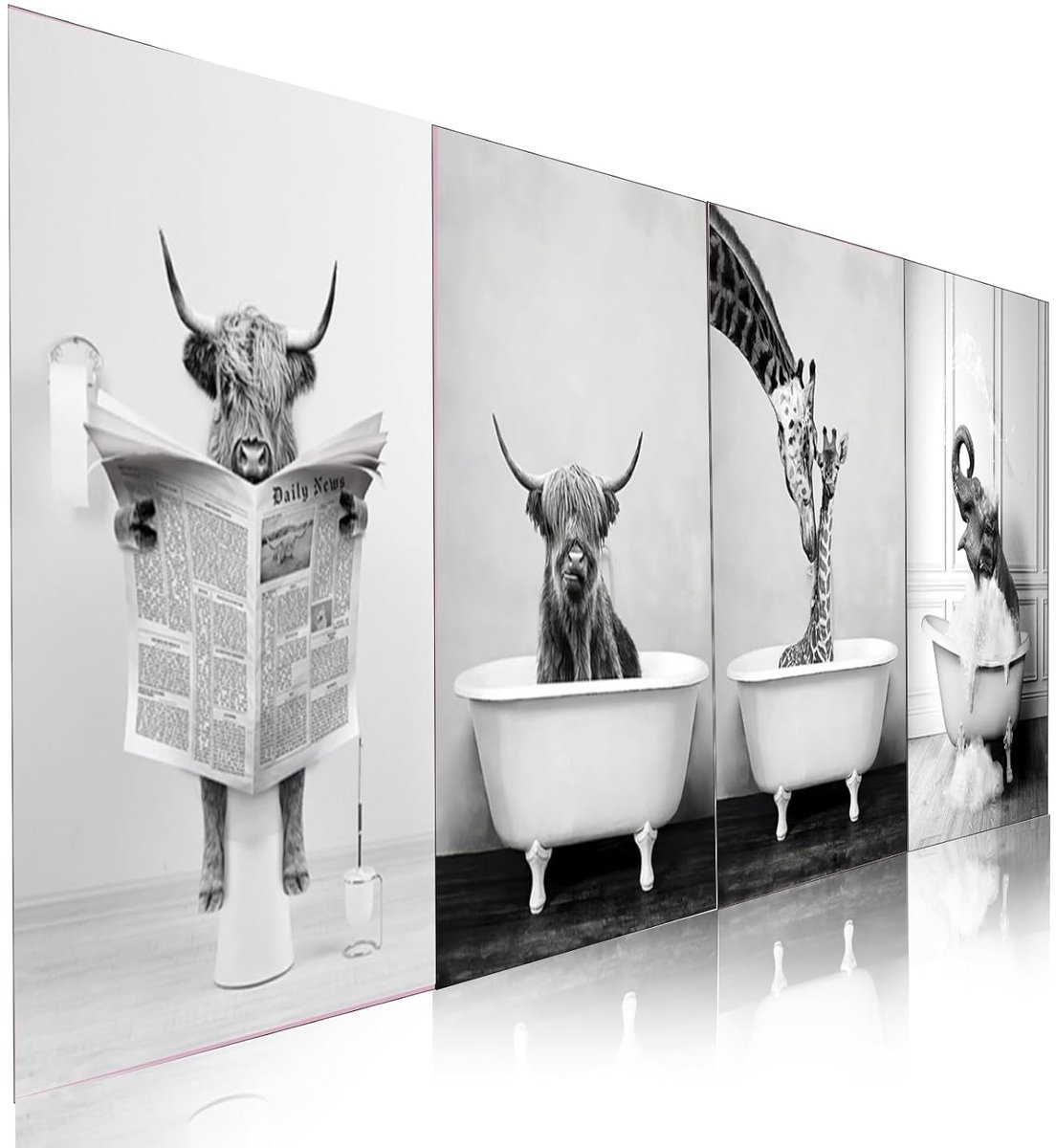 TRANKIELO® - 4 Stuks Frameloze Canvas Schilderijen 20x30cm - Dieren Wanddecoratie in Zwart-Wit voor Badkamer en Woonkamer