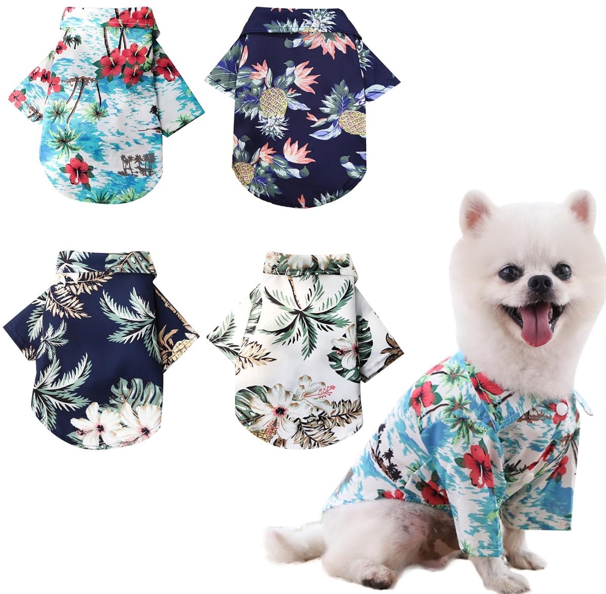 TRANKIELO® - 4 stuks puppy T-shirts – Zomer hond kleding – Kokosnoot en bloemenprint – Geschikt voor kleine en middelgrote honden