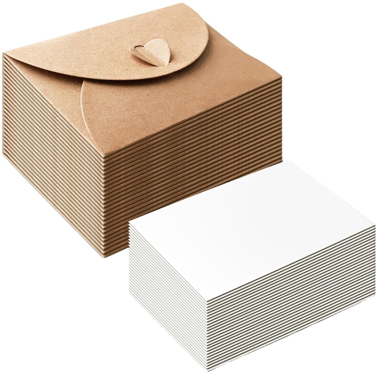 TRANKIELO® - 50 mini kraftpapieren enveloppen met blanco kaarten - Hartsluiting - Ideaal voor cadeaukaarten en doe-het-zelf projecten