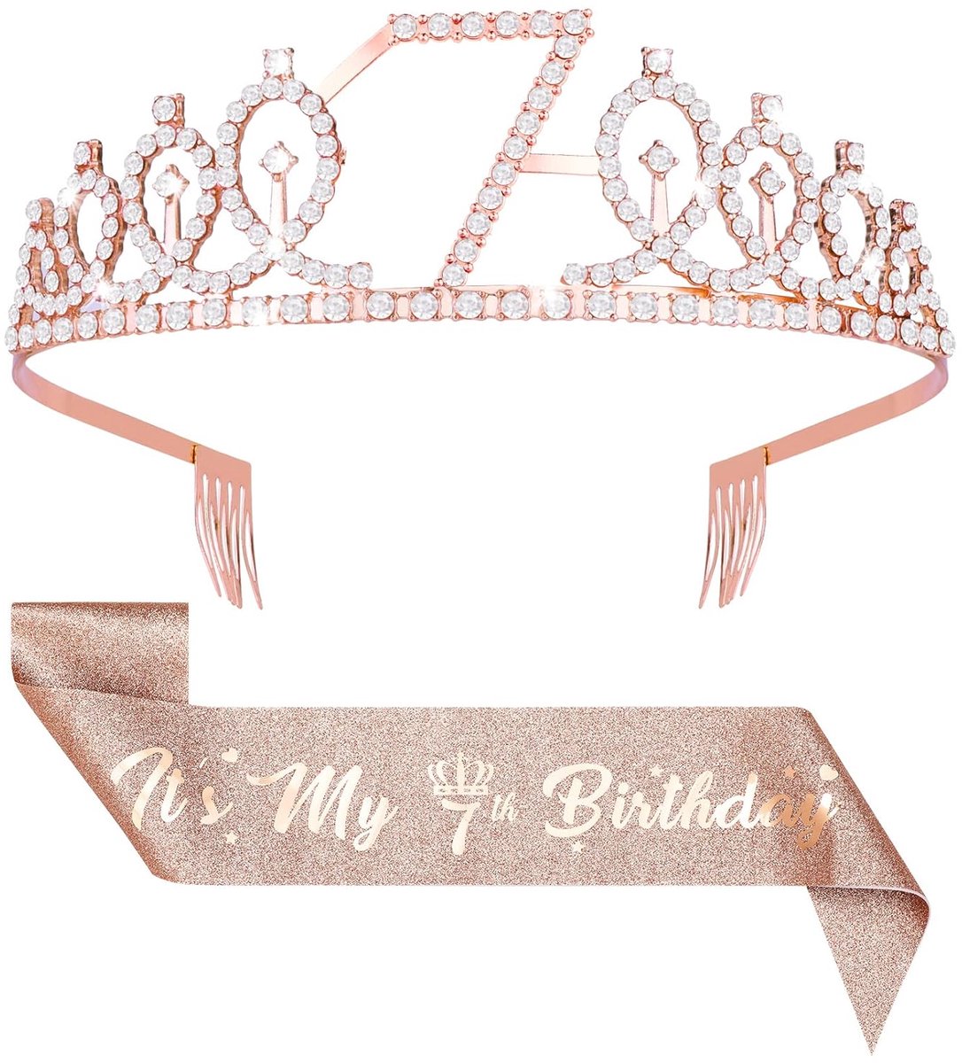 TRANKIELO® - 7e Verjaardag Set voor Meisjes – Roségouden Tiara – Its my 7th Birthday Sjerp – Unieke Verjaardagsdecoratie – Perfect 7e Verjaardagscadeau