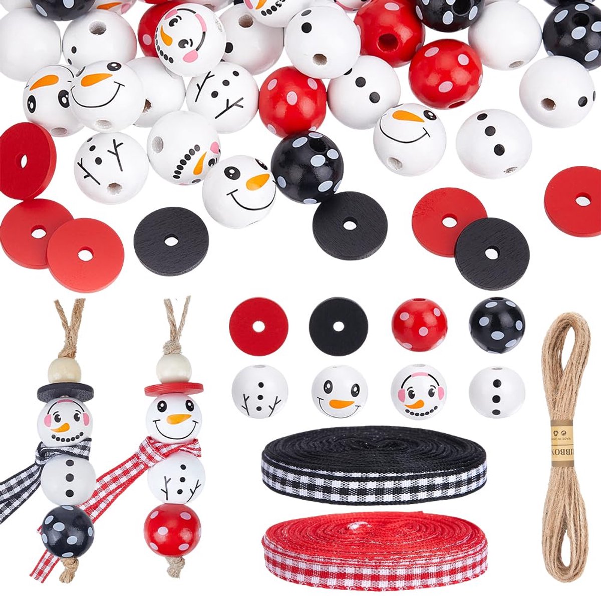 TRANKIELO® - 87 stuks houten kerstkralen - Sneeuwpop kralen 20 mm - Do-it-yourself sieraden maken en decoraties