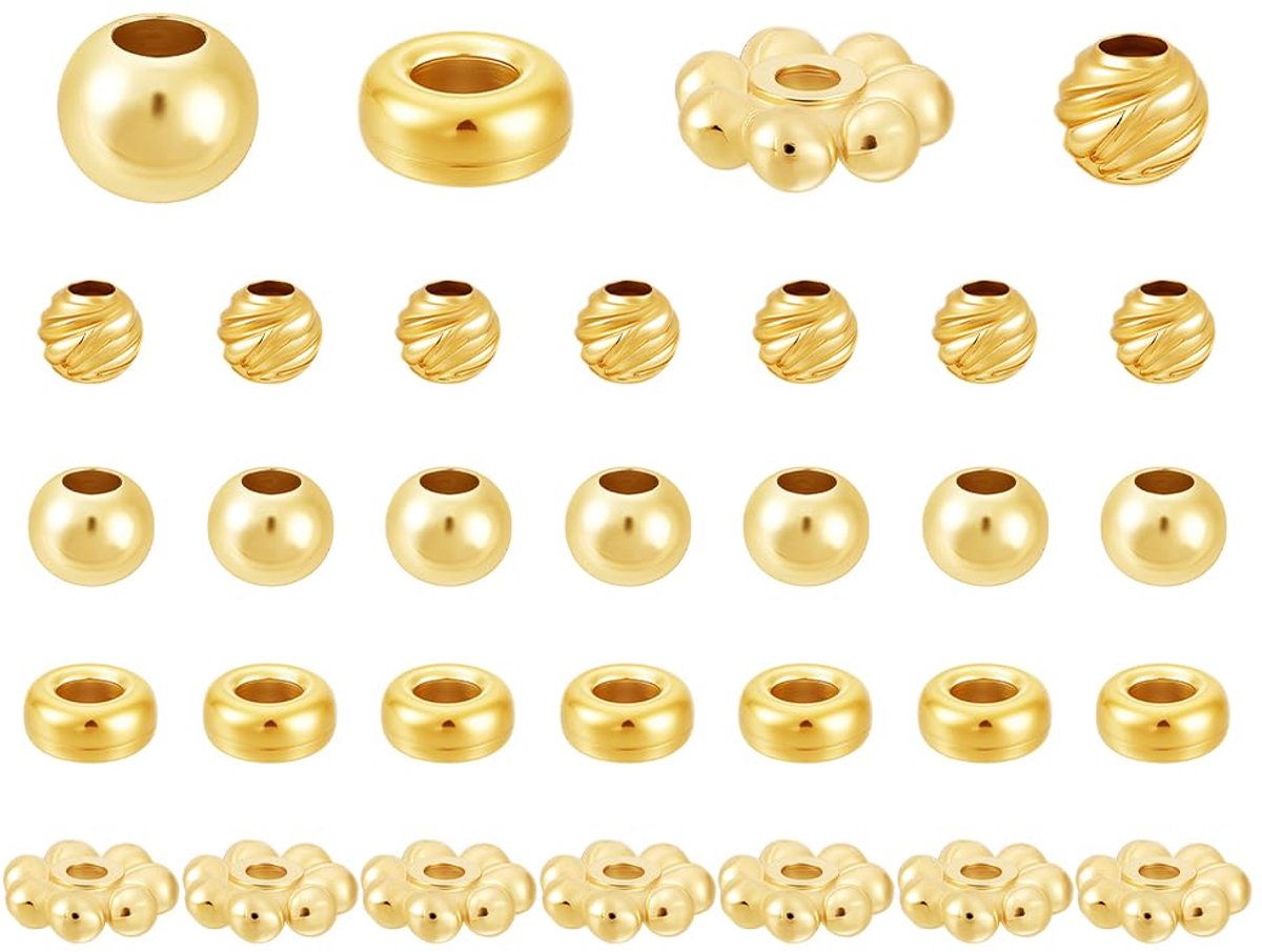 TRANKIELO® - 925 Sterling Zilveren Kralenset, Verguld, 40 Stuks – Gouden Spacer-Kralen – Diverse Stijlen voor Sieraden Maken - DIY Handwerk Kralen