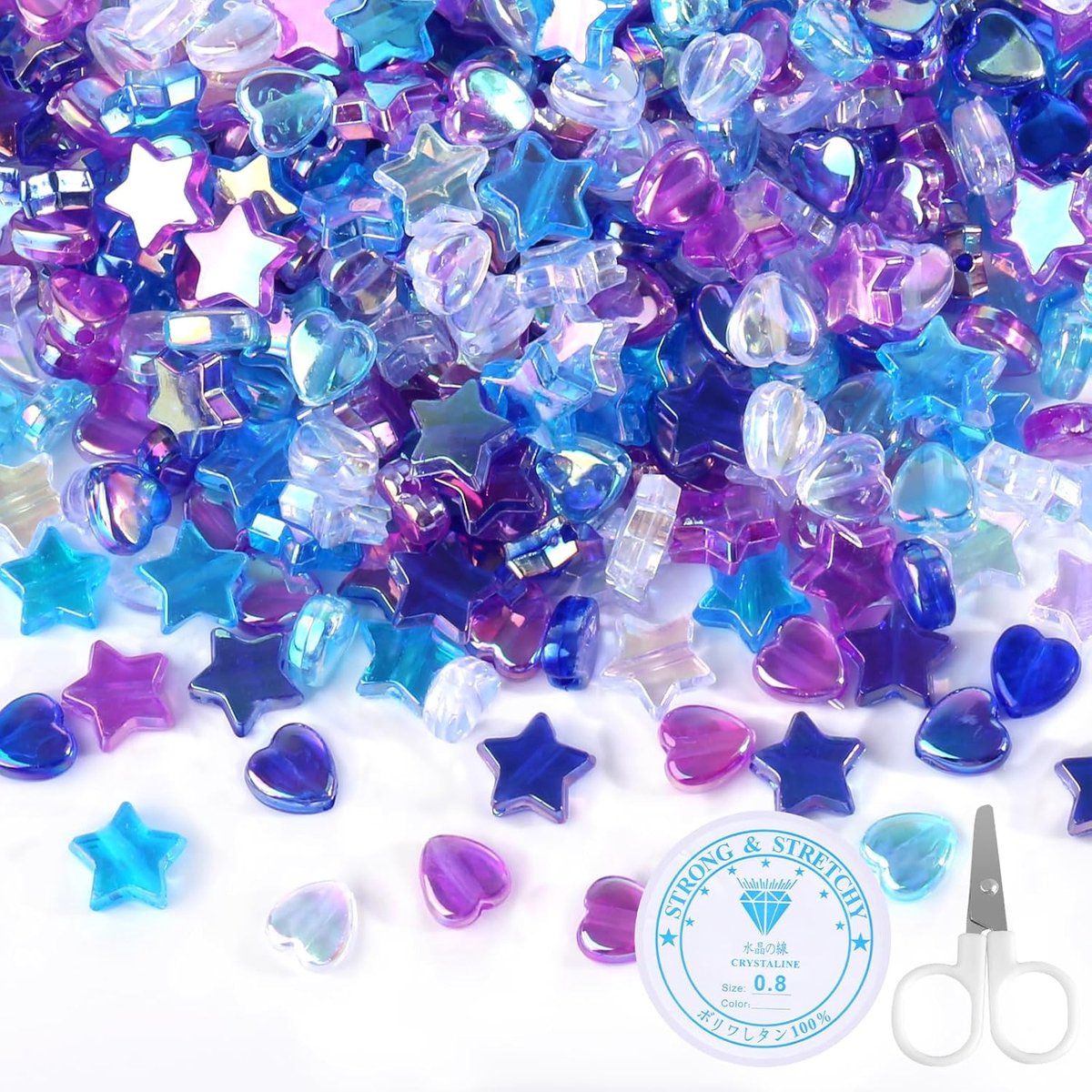 TRANKIELO® - Acryl Hart- en Sterkralen Set met Draad en Schaar – 800 Stuks – Veelkleurig – Voor DIY Sieraden – Hobbykralen – Transparante knutselkralen