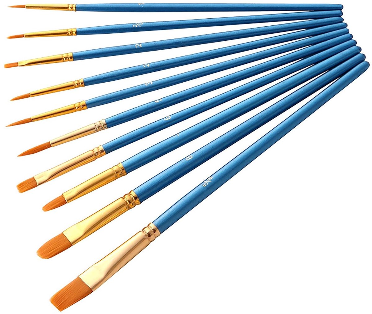 TRANKIELO® - Aquarelpenseelset 10 stuks – Zwarte nylon borstels voor acrylverf – Premium kwaliteit kunstenaarskwasten
