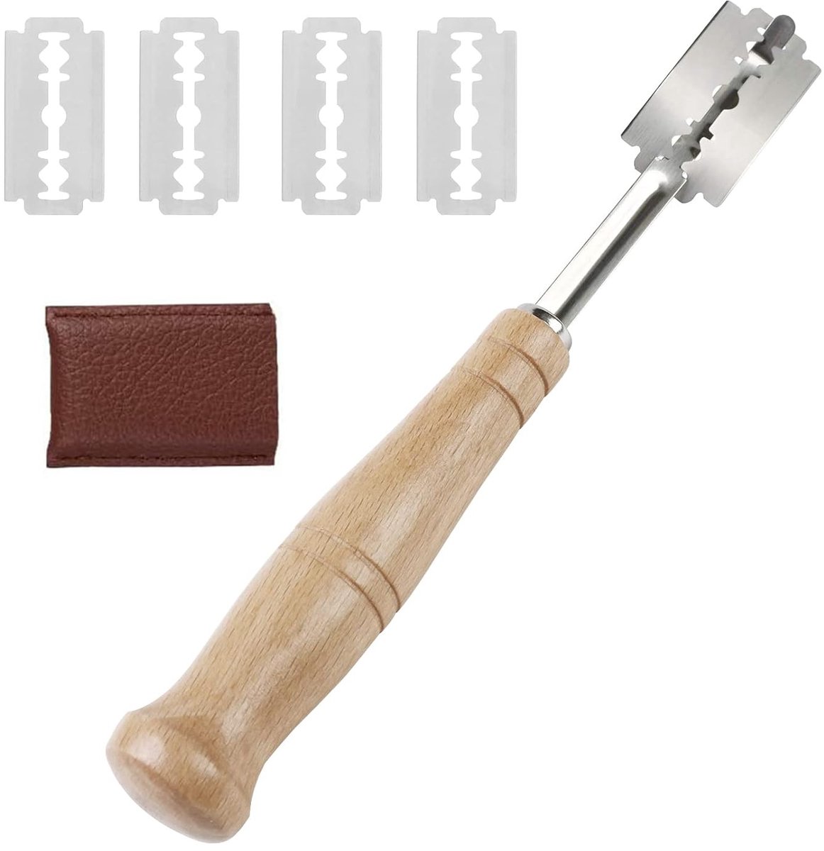 TRANKIELO® - Broodsnijder met lange handgreep – 5 verwisselbare roestvrijstalen messen – leren beschermdeksel