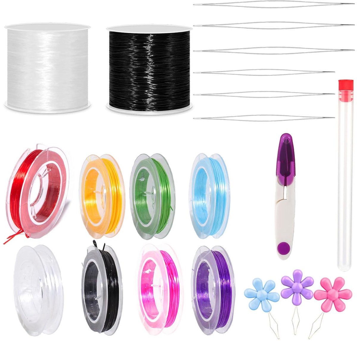TRANKIELO® - Elastische Juwelendraad Set – 8 Rollen Nylon Sieradendraad, 0,6 mm – Inclusief Parelnaalden en Schaar – Transparant Draad voor Kralen, Armbanden, Knutselen