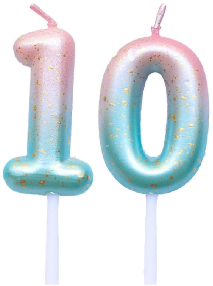 TRANKIELO® - Glitter Verjaardagstaart Topper Kaarsen – Paars en Blauw Gradiënt – Jubileum, Bruiloft, Afstuderen en Verjaardag – Decoratieve Nummer Kaarsen – Set van 10