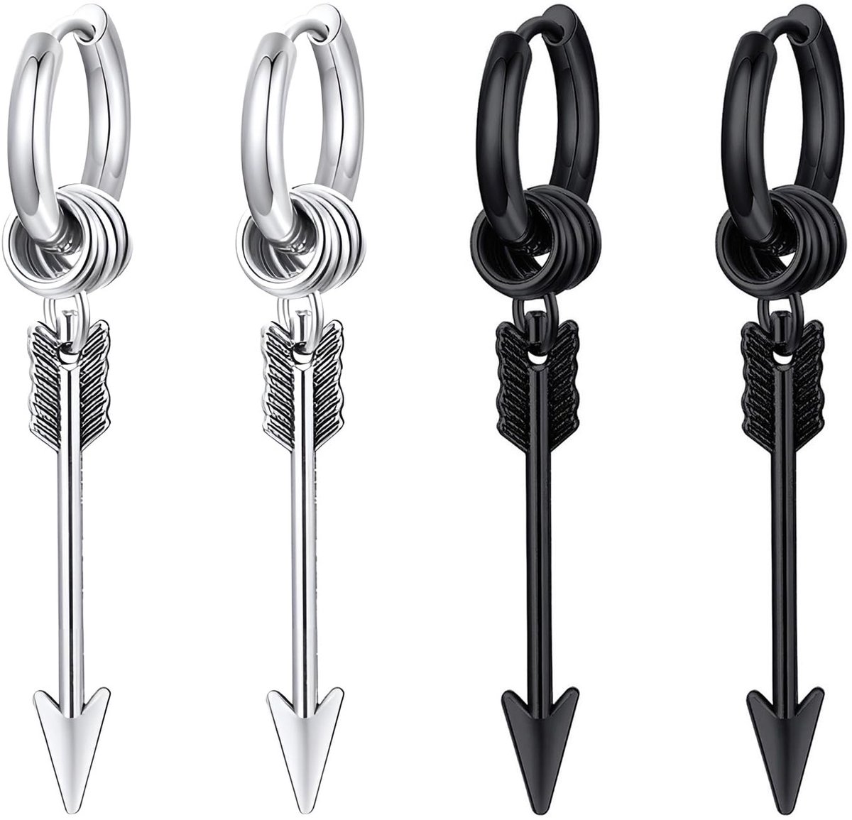 TRANKIELO® - Gothic pijlpunt-oorbellen - Roestvrij staal - Zwart en zilver - Hip hop en punk stijl