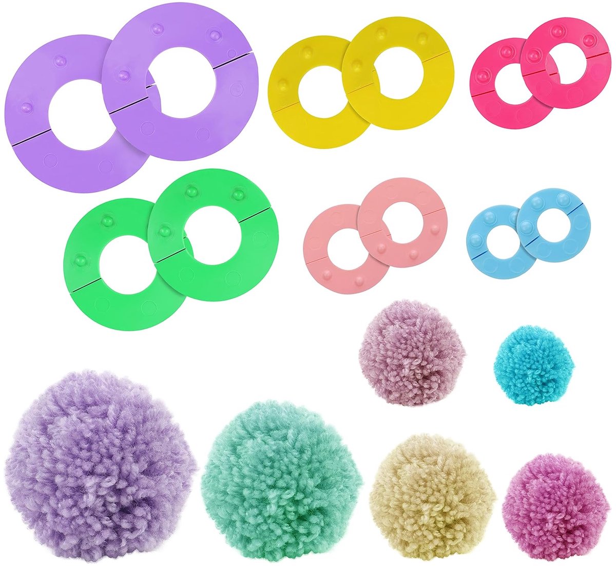 TRANKIELO® - Herbruikbare Pompon Maker Set – DIY Fluff Ball Maker in 6 Maten (2,5/3,5/4,5/5,5/7 & 9cm) – Set van 6 Kleurrijke Haken Wol & Garen Wever Gereedschap