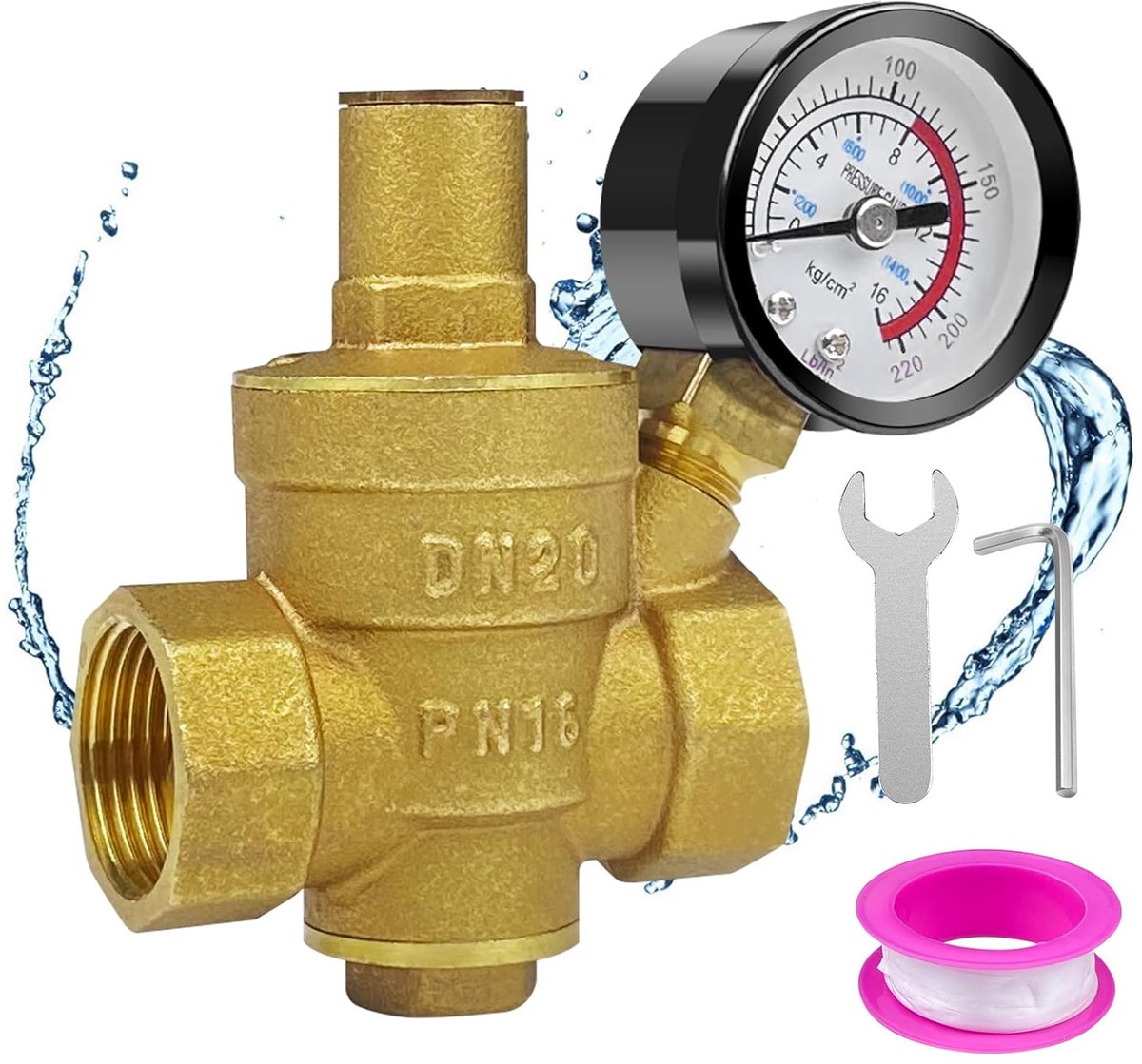 TRANKIELO® - Hoogwaardige Messing Drukregelaar Water DN20 – Overdrukventiel met Manometer – Waterdrukregelventiel – Drukreductieventiel voor Waterapparaten