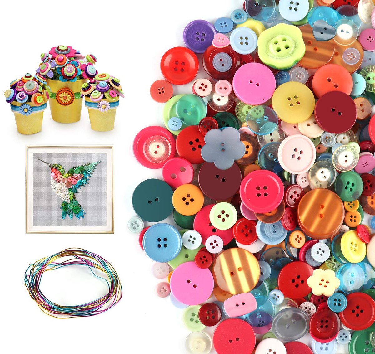 TRANKIELO® - Kleurrijke Hars Knoppen – Set van 1200 – Inclusief 10 Gekleurde Draden – Voor Knutselen, Naaien, Handgemaakte Projecten – Verschillende Vormen en Maten – 2 en 4 Gaten (0.7-3cm)