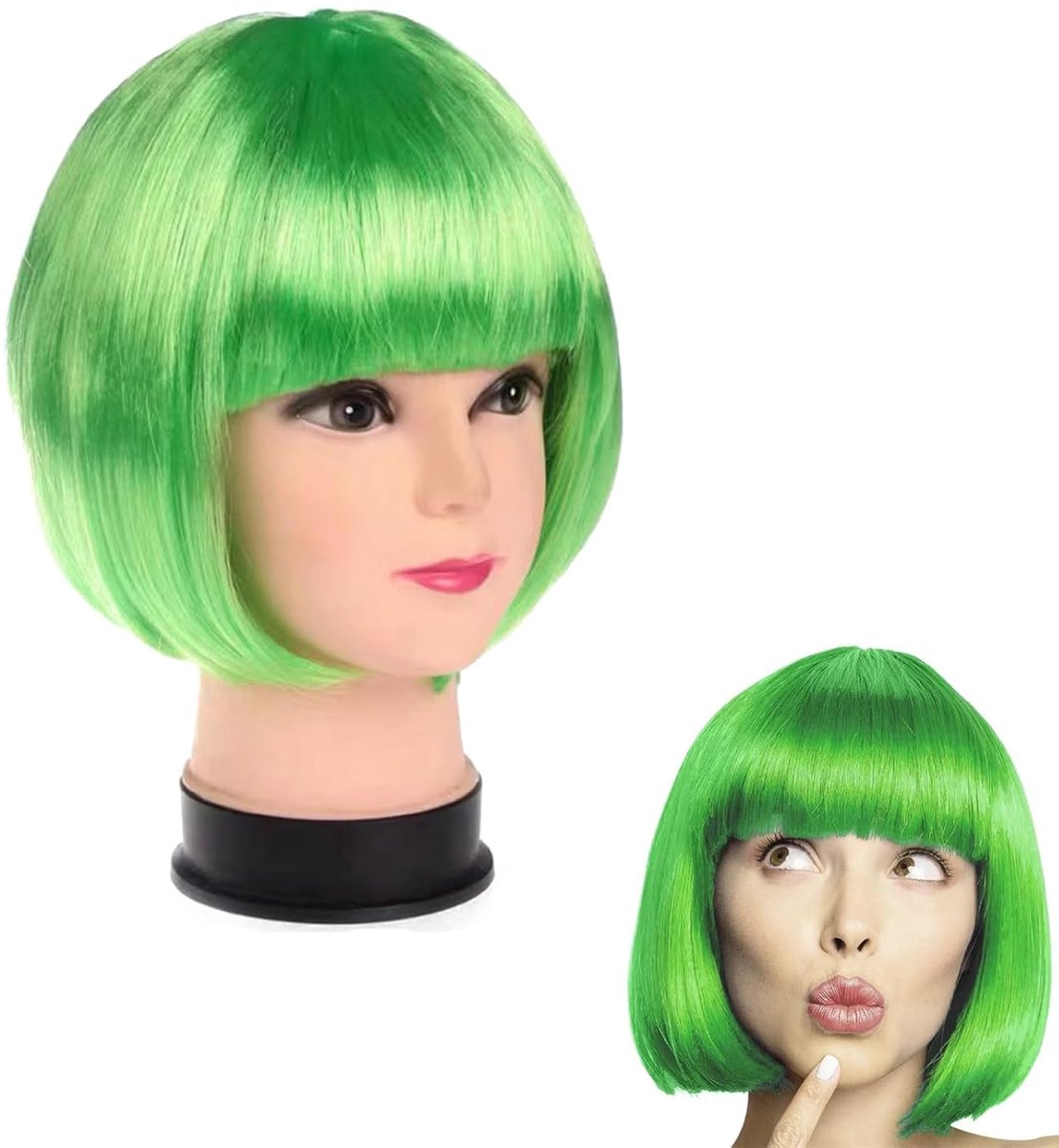 TRANKIELO® - Korte Bob Pruik in Neon Groen – Kwalitatief Hoogwaardig Haarstukje – Perfect voor Cosplay, Vrijgezellenfeesten en Halloween Decoraties